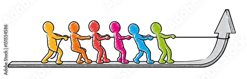 Fotomural Wachstum in Teamwork: Farbige Strichmännchen ziehen zusammen einen Pfeil hoch /