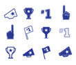 Set of sports fan icons in blue on a white background. Signs and symbols in vector format. Go Team logo text.