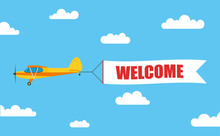 Flying Advertising Banner, Pulled Out By Light Aircraft With The Inscription "WELCOME" - Stock Vector.