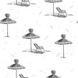 Vector seamless pattern with beach umbrellas. Vintage hand drawn illustration of  straw sunshades on sea coast. Summer vacation texture in sketch style