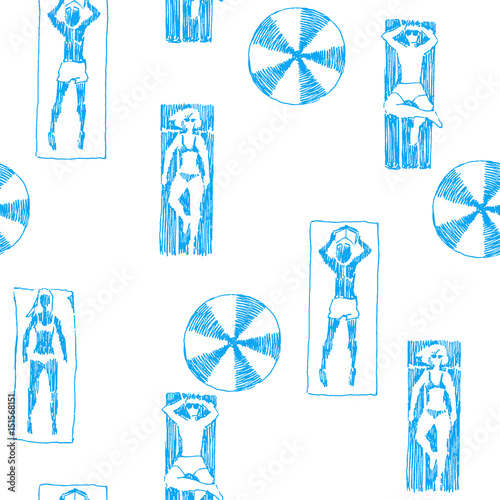 Stoffe zum Nähen Vektor Musterdesign mit Menschen am Strand. Handgezeichnete Abbildung von jungen Männern und Frauen Sonnenbaden unter Sonnenschirmen an der Meeresküste. Sommer Urlaub lustige Textur im Stil sketch