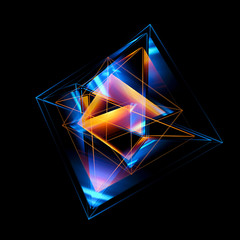 Wall Mural - 3d abstract background with geometric. Concept new technology and dynamic motion. Digital data visualization. 
Diamond prism. Polygonal crystals. Bright figure in starry cosmos. Glowing triangles 
