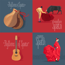 Set Of Vector Illustrations With Spanish Symbols: Flamenco Dancer, Spanish Guitar, Bull Fighter