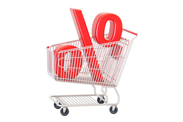 Poster - discount concept, red percent sign in the shopping cart. 3d rendering