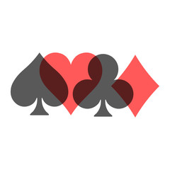 Wall Mural - Poker card suits - hearts, clubs, spades and diamonds - on white background. Casino gambling theme vector illustration. Black and red transparent shapes partly overlapping.