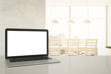 Poster - Empty white laptop in kitchen