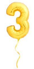 Wall Mural - Golden number 3 three made of inflatable balloon with golden ribbon isolated on white background