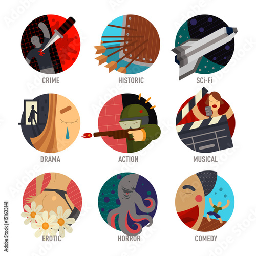 Fotografía Genre cinema set icons cinematography comedy flat entertainment movie symbol vector illustration