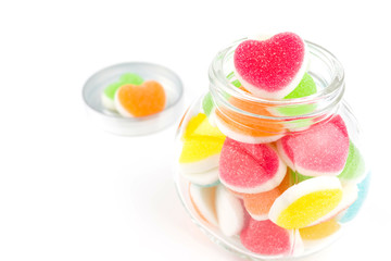 Heart candies coated with sugar, heart colorful sweet candies, sugar heart shaped candy