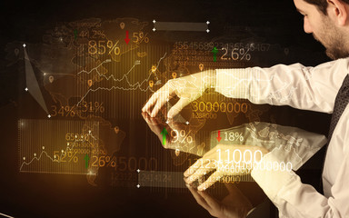 Poster - Hands navigate on high tech smart table with business icons