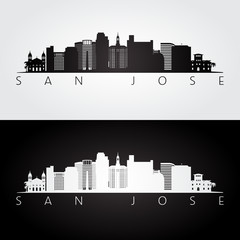 San Jose USA skyline and landmarks silhouette, black and white design.