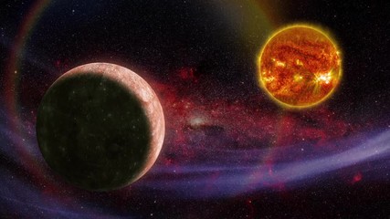 Wall Mural - mercury is orbiting close to an old erupting sun. in the background appears the milky way. elements 