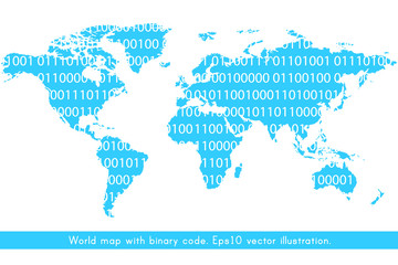 Poster - World map with binary code concept