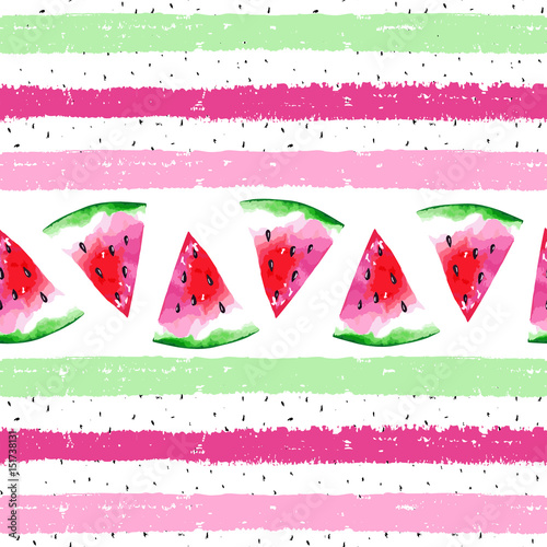 Watercolor seamless pattern with watermelon on striped background ...