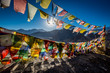 Colourful Buddhist prayer flags near Lamayuru monastery in the Himalayan mountain, Ladakh, India