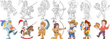Cartoon People Set. Collection Of Carnival Costumes. Knight, Native American Indian Chief, Cowboy, Sea Pirate With Macaw Parrot, Gypsy Boy Riding Toy Horse. Coloring Book Pages For Kids.