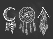 Set Of Dreamcatchers. Design Elements In Boho Style. Lineart. Native Style On The Chalkboard. Tattoo Design. Pattern For Coloring Book. Print For T-shirt. Vector Illustration.