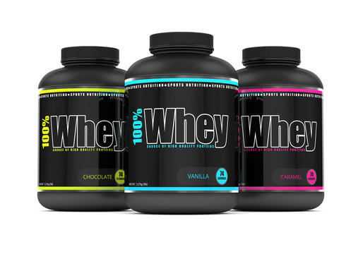 3d render of whey proteins in containers over white