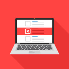 Poster - Laptop and checkboxes with cross mark. Checklist with x mark on laptop screen. Choice, survey concepts. Modern flat design vector illustration