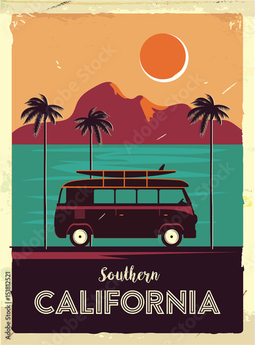 Cuadros en Lienzo Grunge retro metal sign with palm trees and van