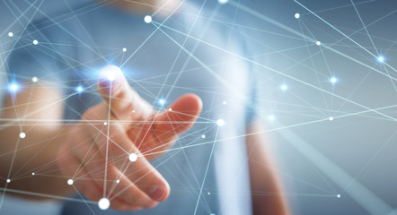 Fototapete - Dot flying network touched by businessman 3D rendering