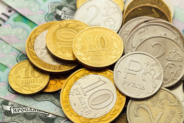 A handful of Russian coins of different denominations