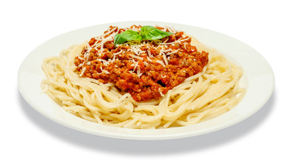 Spaghetti bolognese on a white plate