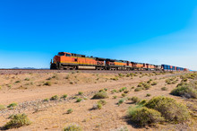 Freight Train Driving Through Mojave Desert , California, USA