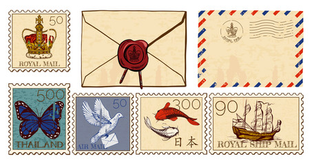 Wall Mural - Letter envelopes and post stamps set