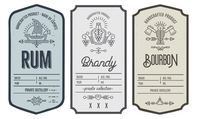 set of intage bottle label design with ethnic elements in thin line style.