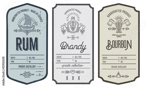 Set of intage bottle label design with ethnic elements in thin line style Poster Mural XXL