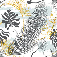 Naklejka na meble Tropical palm leaves set, drawn vector collection. Isolated on background. Decorative elements, botanical pattern, trendy design. Seamless pattern.