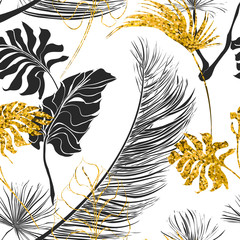  Tropical palm leaves set, drawn vector collection. Isolated on background. Decorative elements, botanical pattern, trendy design. Seamless pattern.