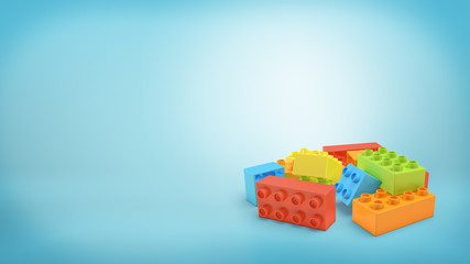 Fototapete - 3d rendering of several multi-colored rectangular toy blocks lying in a pile on blue background.