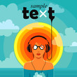 Hot music / Conceptual summer music vector. Man listening to the music in headphones, standing in water against cloudy sky background with sample text.