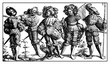 Lansquenet formidable and colorful mercenary soldiers on foot with drum,flute,weapons and standard, from Daniel Hopfer engraving, XVI century