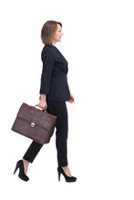 Profile Of Walking Businesswoman With Suitcase, Isolated On Whit