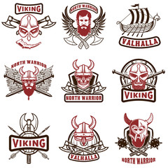 Wall Mural - Set of vintage viking labels. Viking warrior in horned helmet, with beard, crossed axes, swords, shield. Design elements for logo, label, emblem, sign. Vector illustration