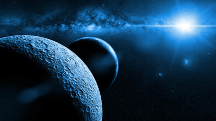 Wall Mural - moon in front of earth, sun and the milky way galaxy
