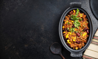 Chili con carne, mexican stew with ground beef, tomato and hot chili peppers