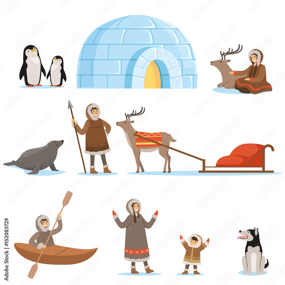 Eskimo characters in traditional clothing and their arctic animals. Life in the far north. Set of colorful cartoon detailed vector Illustrations - obrazy, fototapety, plakaty 