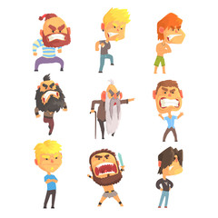 Poster - Angry and exasperated men set for label design. Colorful cartoon detailed vector Illustrations