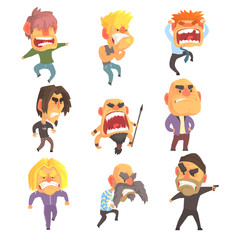 Poster - Angry furious men set for label design. Colorful cartoon detailed vector Illustrations