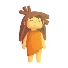 Sticker - Cute cave girl smiling with closed eyes, stone age character, colorful vector illustration