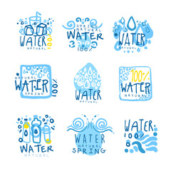 Sticker - Natural water set for label design. Colorful hand drawn illustrations