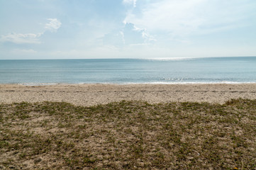 Cloudy sky at the beach with brown sand and grass.