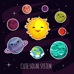 Sticker - cute and funny cartoon planets stickers of solar planetary system. kids astronomy education vector s