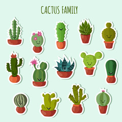 Poster - Funny plants vector collection. Cute cactus with happy faces garden patches or stickers set