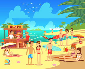 Wall Mural - Summer sea beach with sunbathing relaxing young women and men vector illustration