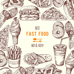 Wall Mural - hand drawn fast food background illustration. vector pictures